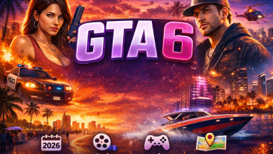 תמונת קונספט של GTA 6 המציגה את הדמויות הראשיות לוסיה וג'ייסון בעיר Vice City, עם ניידת משטרה, סירת מרוץ ומסוק ברקע, לצד כיתוב GTA 6 ותאריך יציאה 2026.