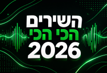 גרפיקה מעוצבת עם הכיתוב "השירים הכי הכי 2026" בסגנון מוזיקלי מודרני בצבעי ירוק, שחור ולבן, עבור כתבה על השירים הכי מושמעים ב־Spotify.