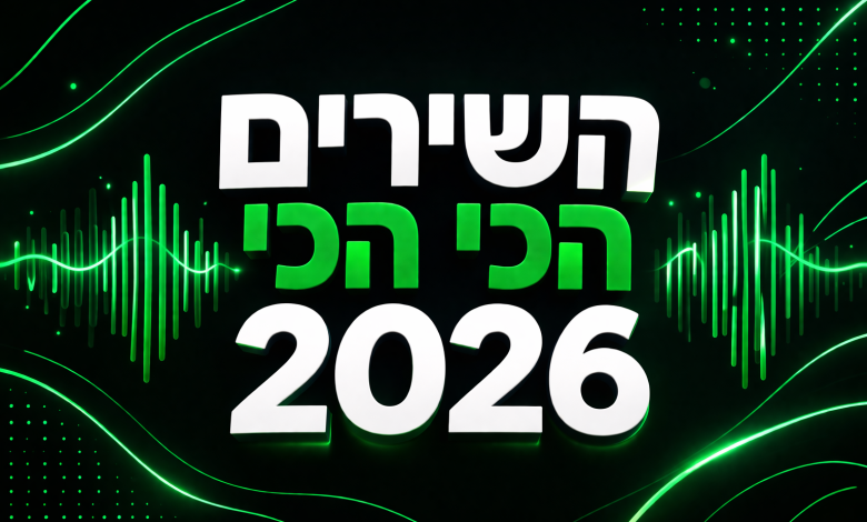 גרפיקה מעוצבת עם הכיתוב "השירים הכי הכי 2026" בסגנון מוזיקלי מודרני בצבעי ירוק, שחור ולבן, עבור כתבה על השירים הכי מושמעים ב־Spotify.
